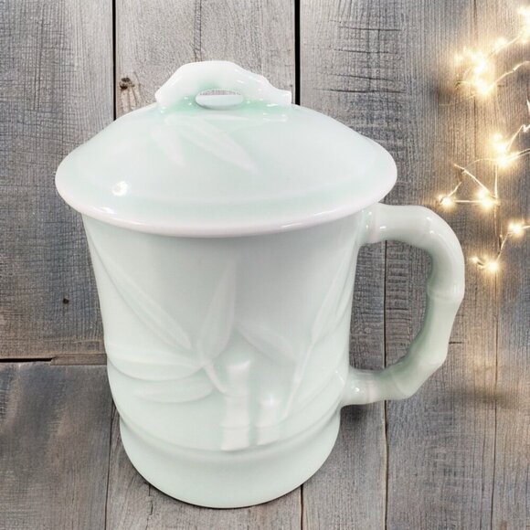 Gardener's Eden Coffee Mug Cup Light Green Embossed Bamboo Celadon Green Set2 - Picture 2 of 14